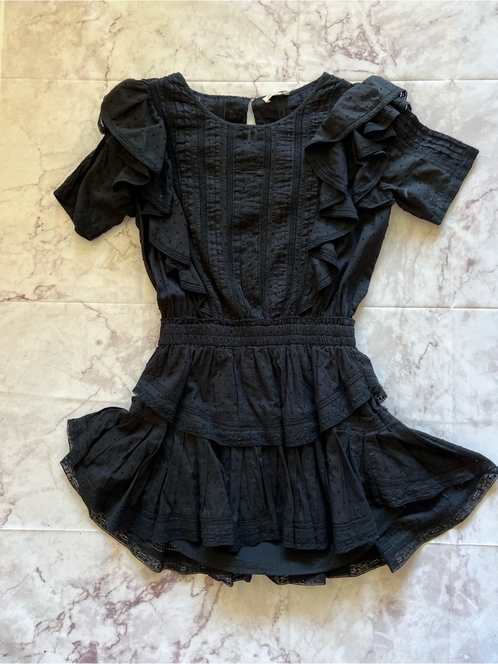 LoveShackFancy Natasha Ruffle Tiered Mini Dress in Black, S